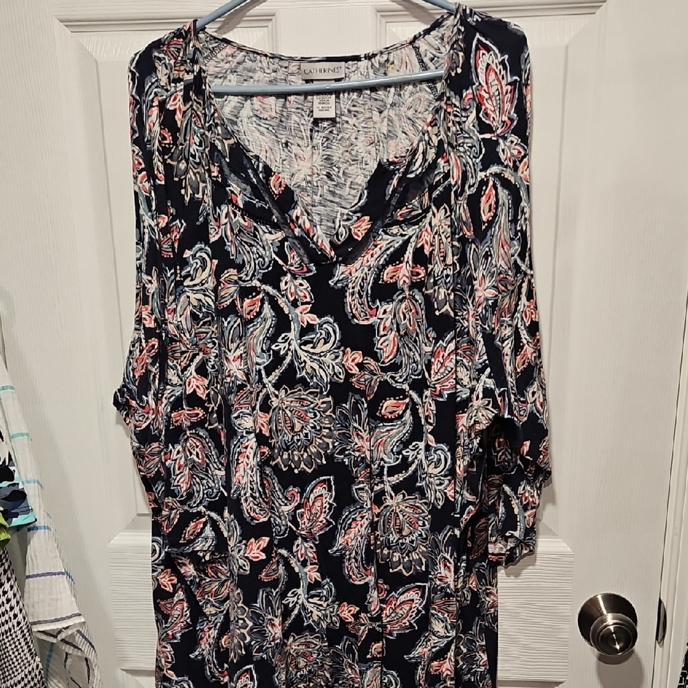 Catherines Women's Paisley V-Neck Blouse - Navy and Coral